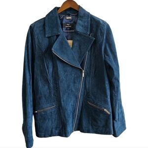 Suede moto biker jacket teal blue lined full zip nwt